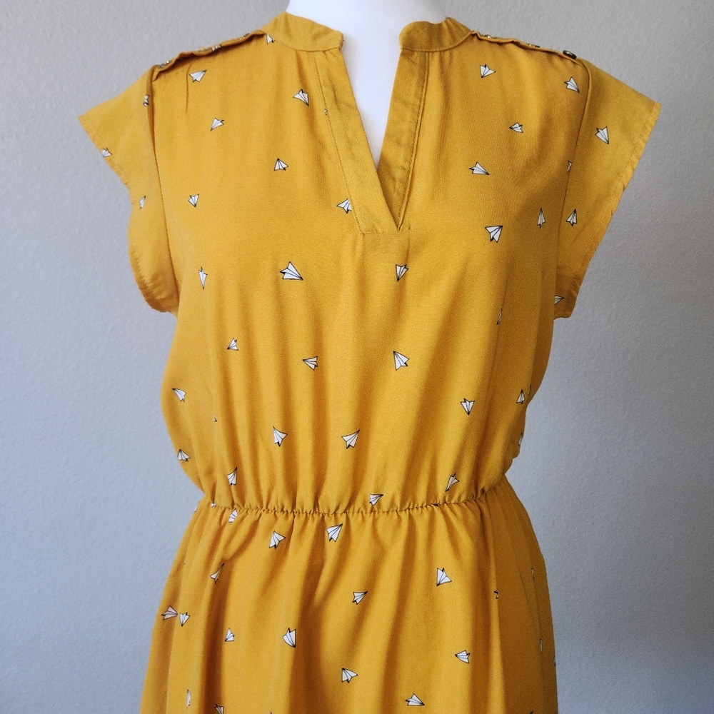 Sweet Rain Mustard Yellow Cap-Sleeve Mini Dress Paper Airplane Print Medium - Picture 9 of 15